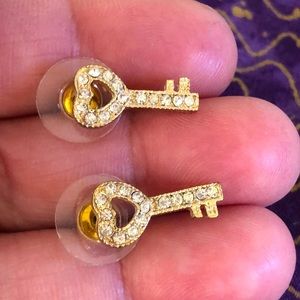 Gold Tone Antique Key Shape Pierced Earrings with Faux Diamonds